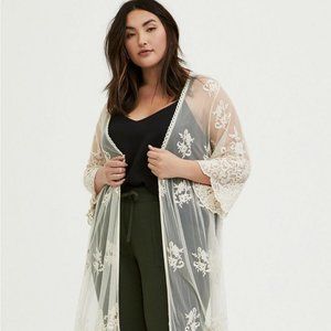 Torrid Ivory Mesh Embroidered Duster Kimono Size 1X